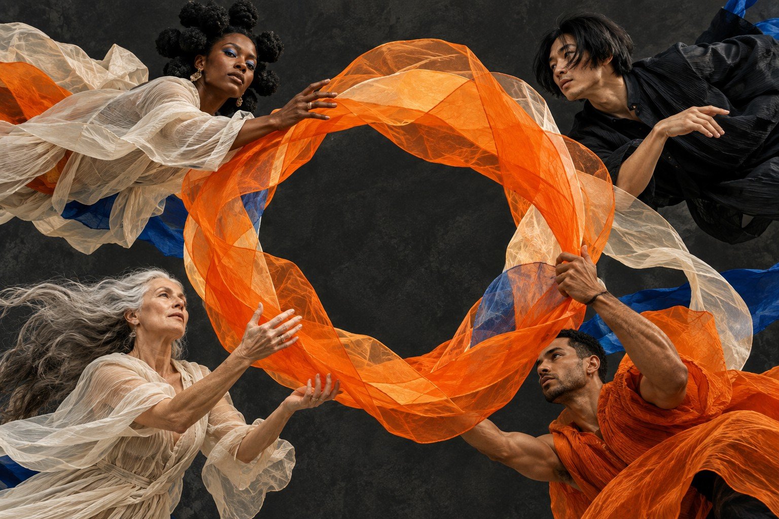 Composição editorial com quatro pessoas criando ao redor de uma forma circular laranja