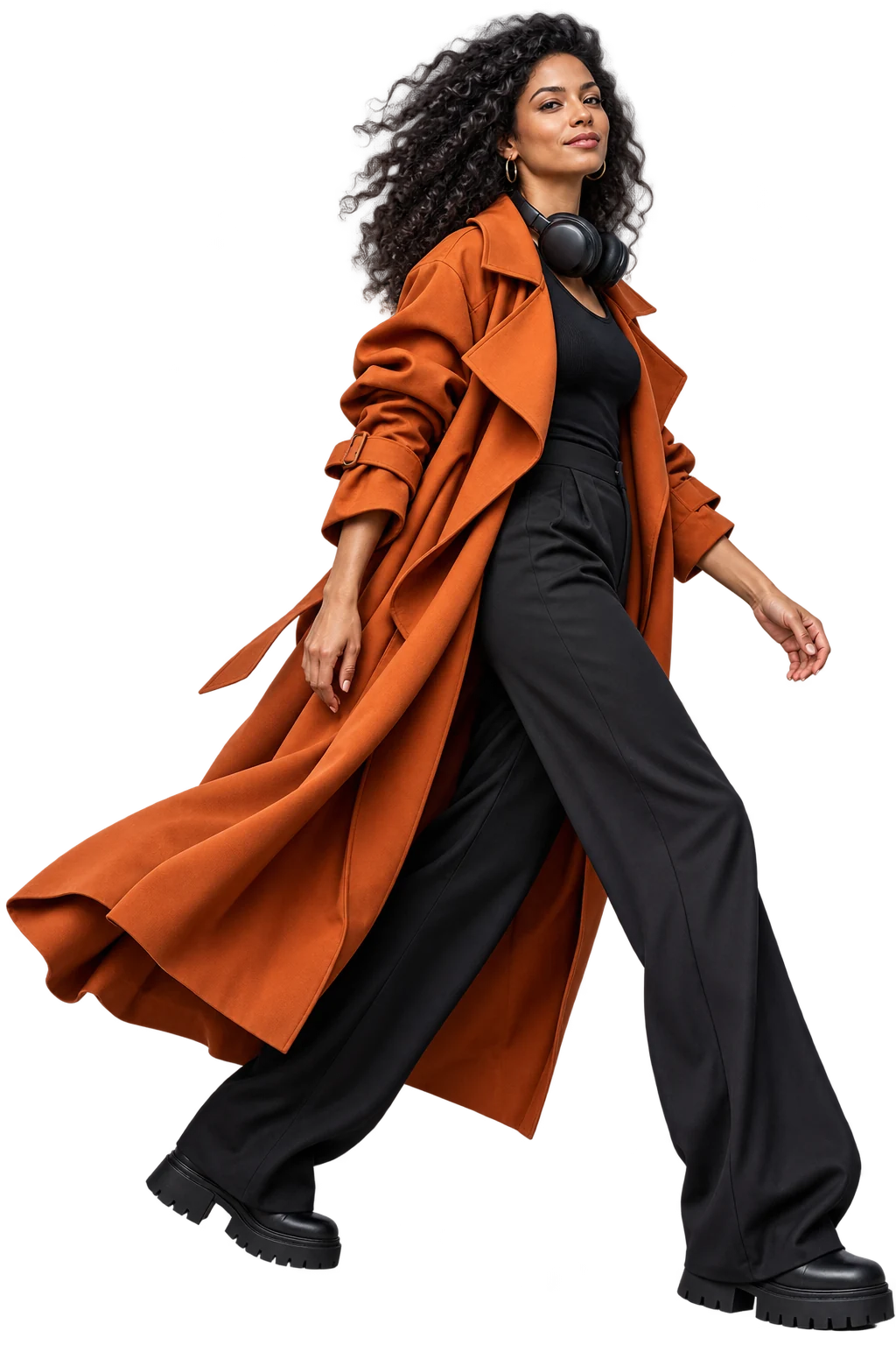 Figura editorial de mulher com casaco laranja
