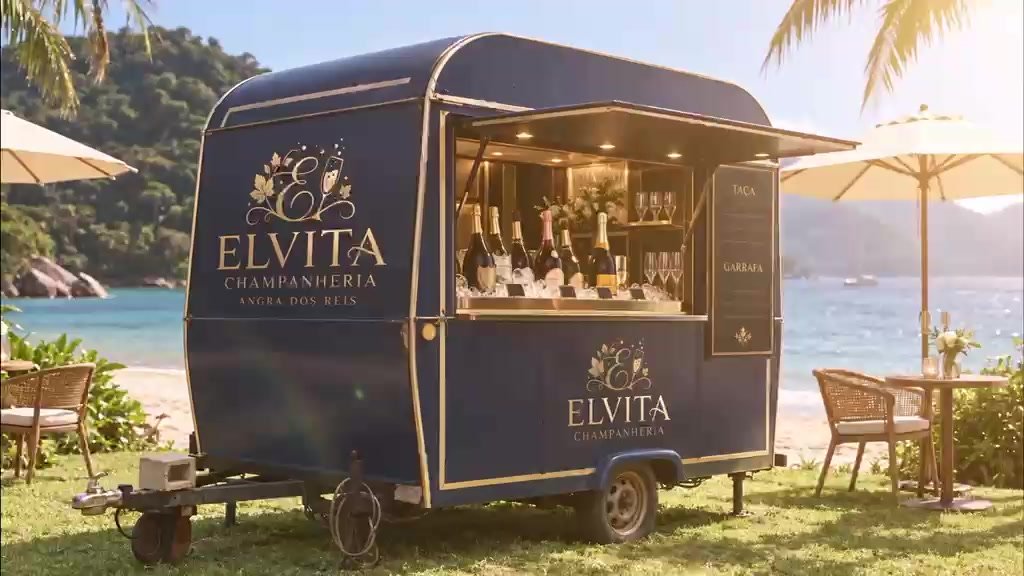 Trailer azul-marinho da Elvita Champanheria em uma praia, com mesa e guarda-sol