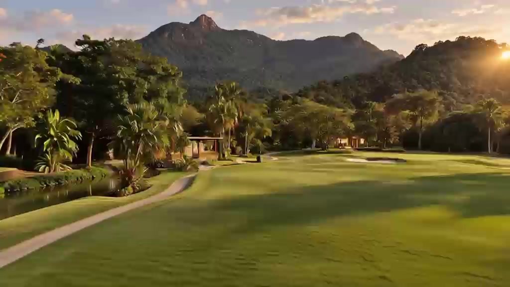 Campo de golfe com montanhas ao fundo no fim da tarde