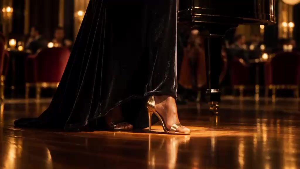 Sapato e vestido de uma cantora no palco, com a banda ao fundo