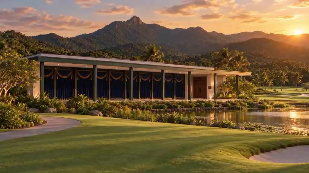Edifício moderno à beira de um lago ao pôr do sol, com montanhas