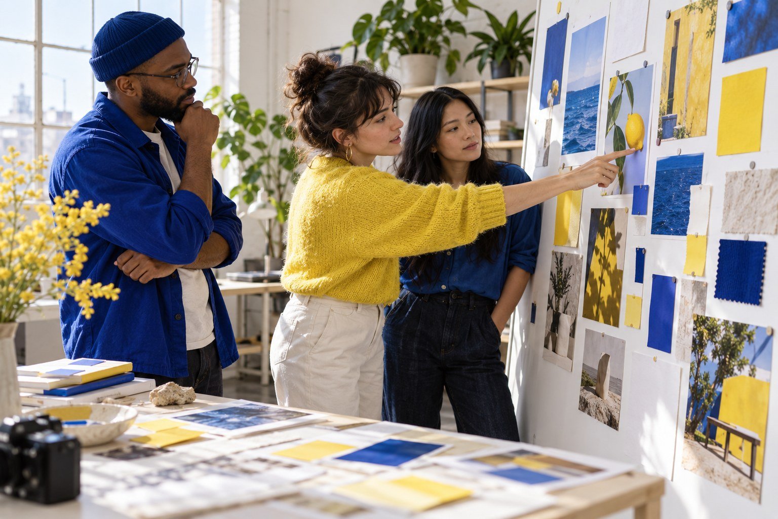 Equipe revisando a proposta da marca Kite em um painel visual
