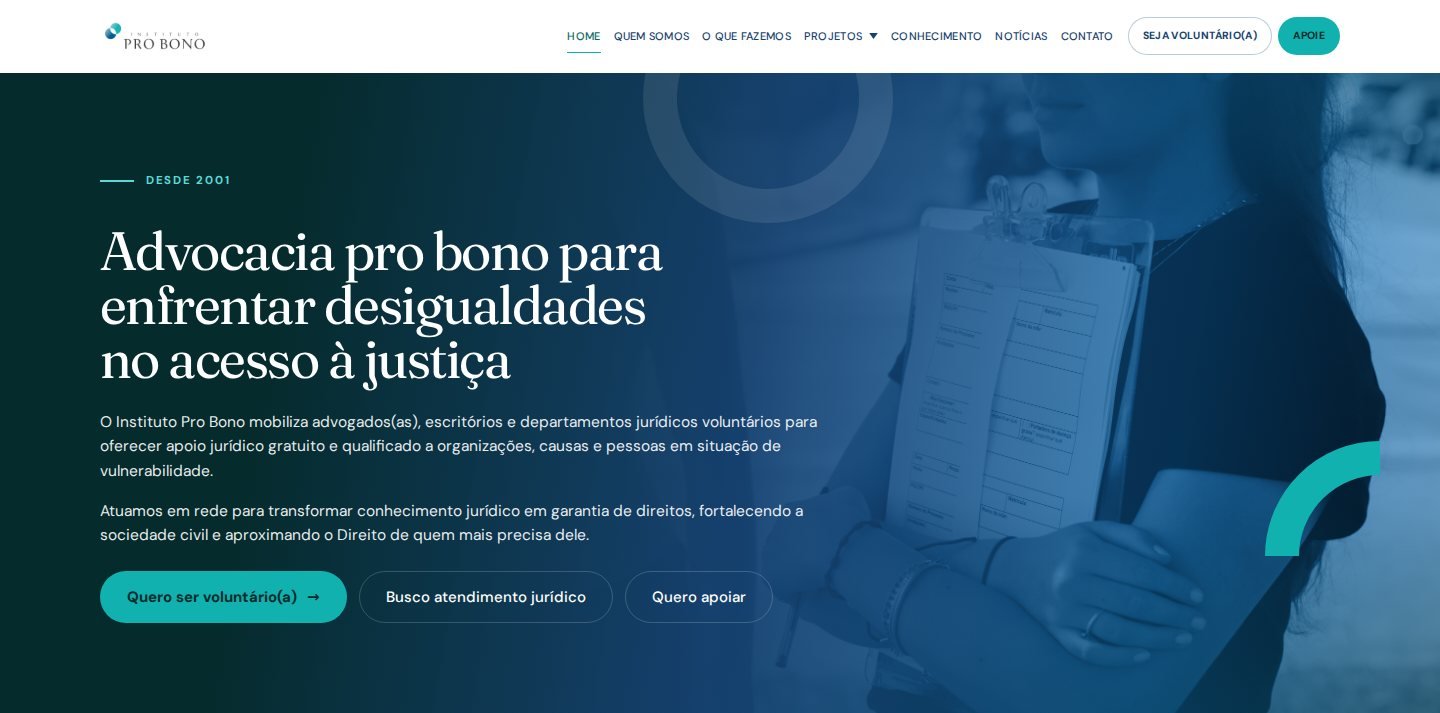 Captura do topo da página Home do site do Instituto Pro Bono