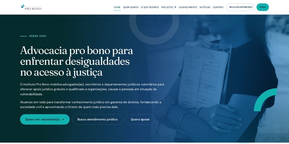Captura do topo da página Home do site do Instituto Pro Bono