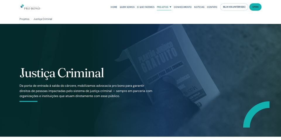 Captura do topo da página Justiça Criminal do site do Instituto Pro Bono